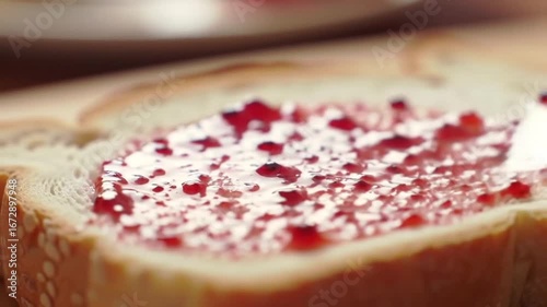 Spreading red jam on a slice of white bread with a knife in a close up shot perfect for breakfast
