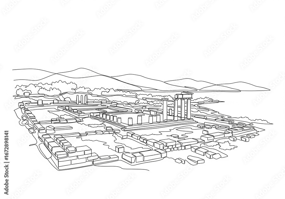 Fototapeta premium Ancient Kamiros in Greece one line drawing style 