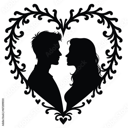 Black silhouette of a couple facing each other within a decorative heart frame