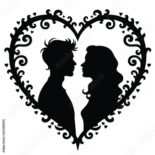 Black silhouette of a couple facing each other within a decorative heart frame