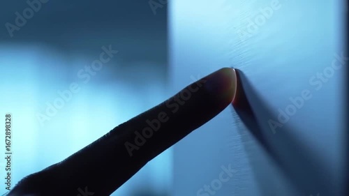 A finger touching a light blue surface with a shadow cast on the surface in a dark environment