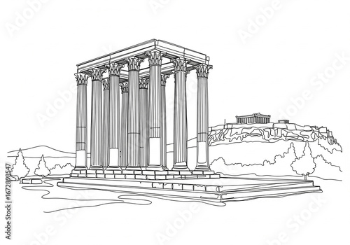Temple of Olympian Zeus in Greece one line drawing style