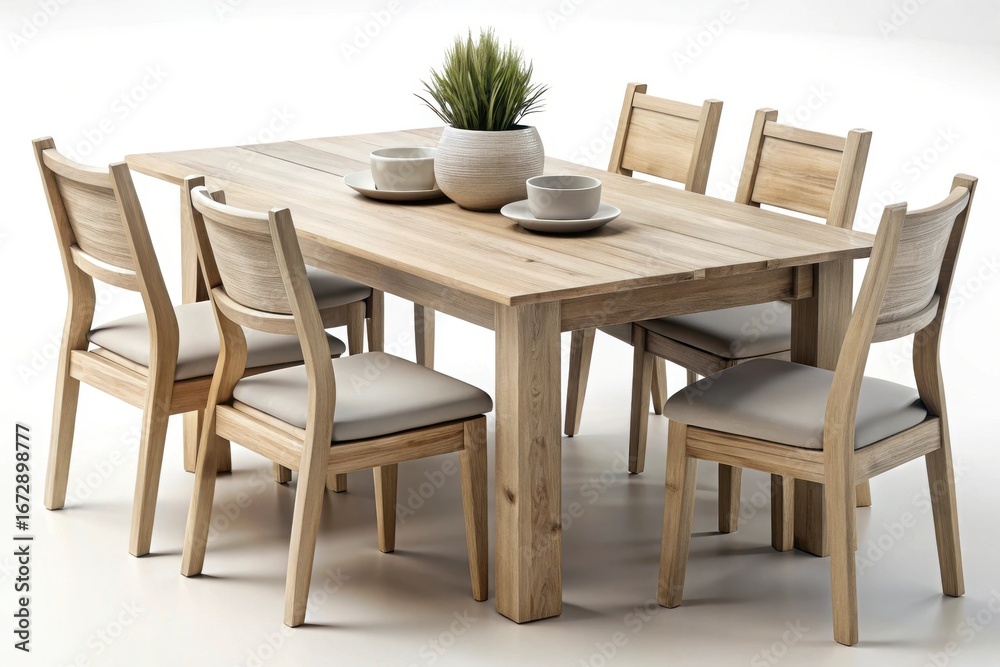 Obraz premium Rustic wooden dining table with six chairs and decorative plant and cups isolated on white background