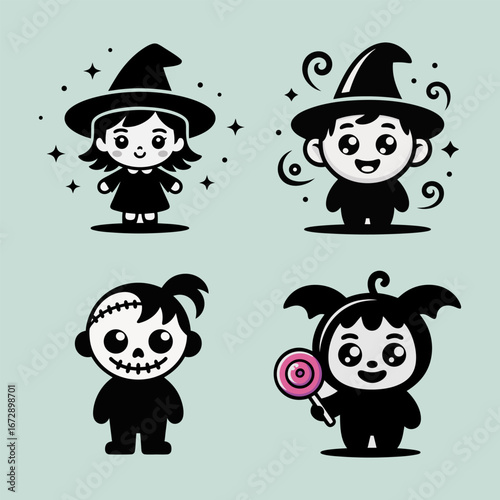 Cute Halloween characters in black and white witch zombie and bat.