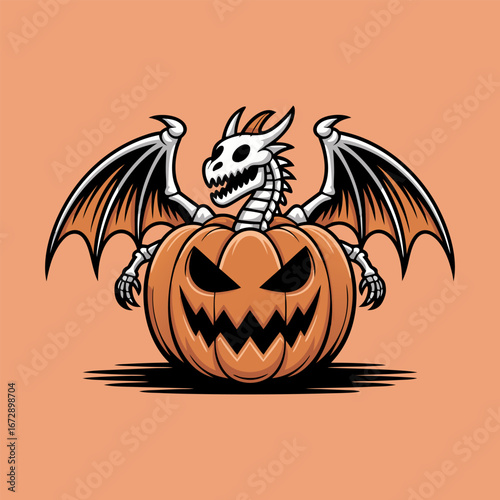 Spooky Halloween pumpkin dragon illustration on orange background.