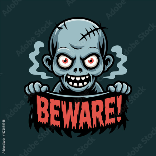Beware Zombie Illustration Spooky Halloween Monster Warning Sign Design.