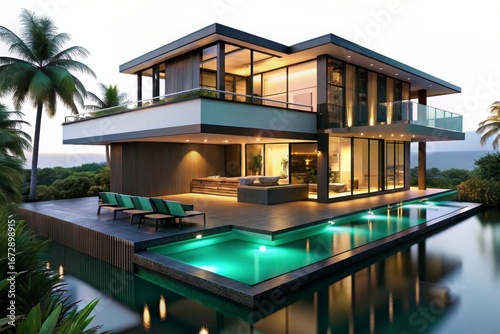 Luxurious modern multi story villa with infinity pool and lush tropical landscaping isolated on white background