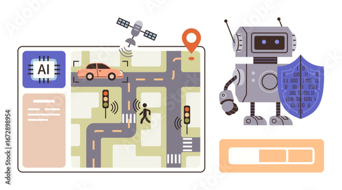 AI system tracking traffic signals, car, pedestrian robot with shield ensures data safety. Ideal for AI, navigation, smart city, automation, cybersecurity transportation urban planning. Simple flat