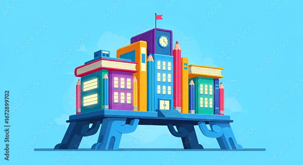 Naklejka premium Flat Vector Illustration of Safe Education Infrastructure with Symbolic School Design