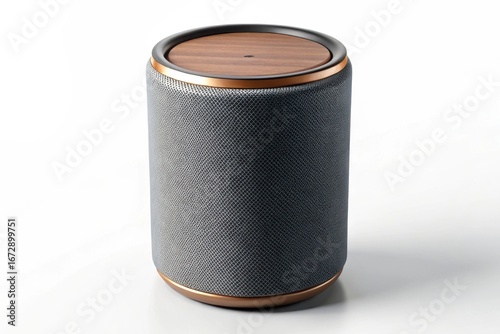 Antique ornate cylindrical metal container with textured surface and wooden lid isolated on white background