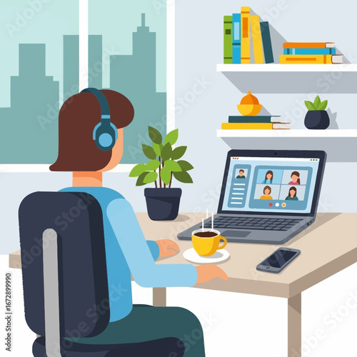 Woman in home office having a video conference call.