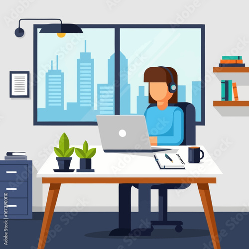 A woman works from home at her desk using a laptop and headset.
