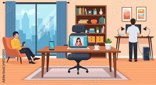 Two people working in a modern home office, having a video call.