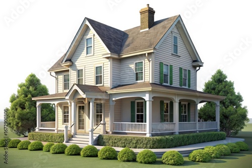 Charming victorian style american farmhouse with wrap around porch isolated on white background