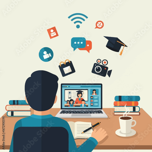 Online education concept: student learning at home with laptop and books.