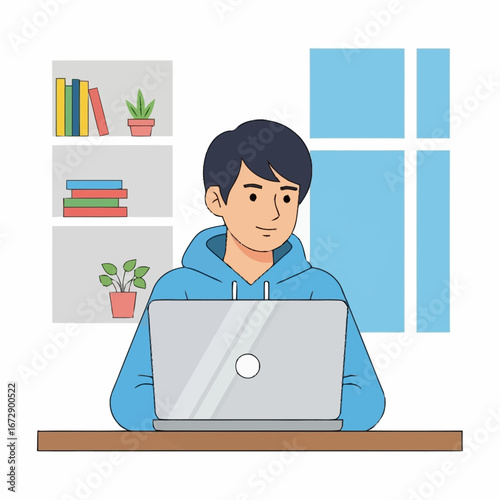 A young man in a blue hoodie working or studying on a laptop at a desk in a room with a bookshelf and window.