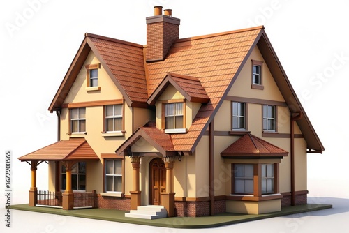 Charming cartoon style detached house with pitched roof and chimney isolated on white background