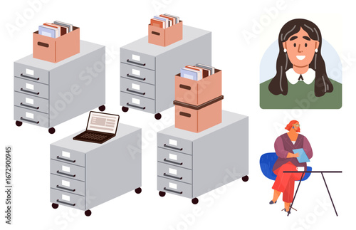 Filing cabinets filled with files, laptop on top, cardboard boxes, woman reading document at desk, avatar of smiling woman. Ideal for workplace, productivity, organization, professionalism storage