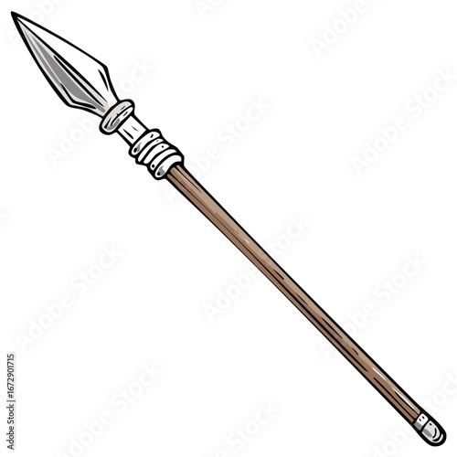 Illustration of a spear weapon with a wooden handle and a sharp metallic tip, isolated on a white background, showing its design and form