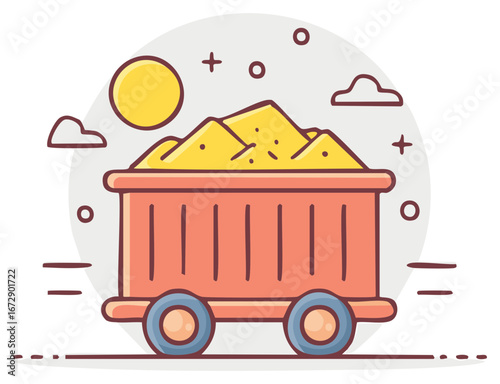 Industrial mine cart loaded with yellow sand moving under the sun vector illustration