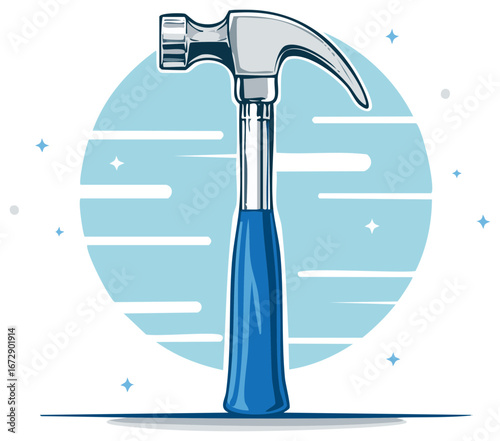 Stylized hammer illustration with blue handle and silver head on light blue backdrop