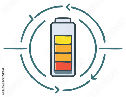 Battery life cycle with recharge symbol and energy flow concept