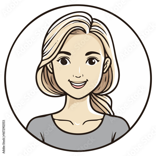 Smiling woman in a circle portrait, blond hair and a gray top vector illustration.