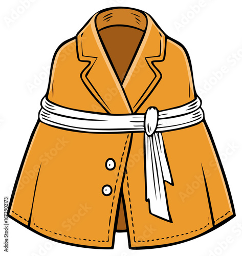Cartoon illustration of a fashionable orange trench coat with a white sash