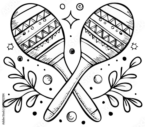 Hand Drawn Mexican Style Maracas Festive Musical Instruments with Decorative Elements
