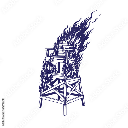 Artistic illustration of a wooden lifeguard chair engulfed in flames burning silhouette