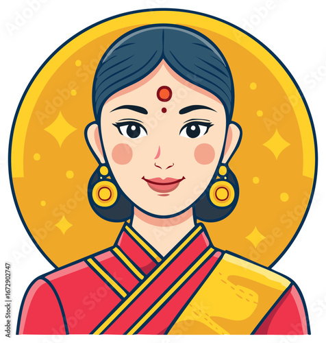 Animated Woman in Traditional Dress with Bindi and Earrings over Yellow Circle Background, Vector Illustration
