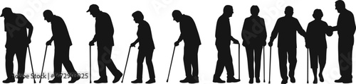 Elderly people silhouette, old man and woman walking with cane, senior couple support, aging process, retirement healthcare, family lifestyle vector