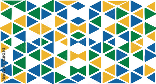 Seamless pattern of randomly distributed green, yellow and blue triangles isolated on transparent background