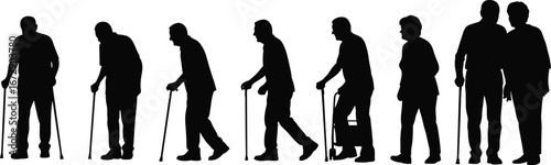 Elderly people silhouette, old man and woman with cane, senior walking, aging process, family support, retirement, healthcare concept illustration