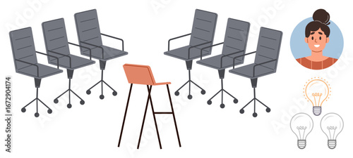 Orange chair stands out among gray chairs with smiling person portrait and lightbulbs representing creativity, uniqueness. Ideal for leadership, individuality, brainstorming, innovation, identity