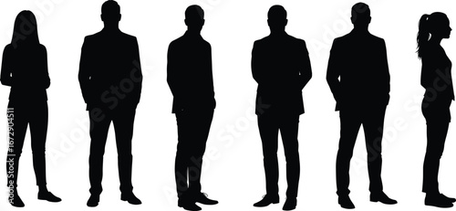 Group of business people silhouettes standing, diverse male and female figures, professional attire, teamwork, corporate, isolated on white background