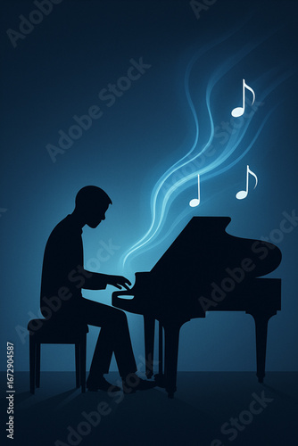 Silhouette of Pianist Playing Grand Piano with Musical Notes and Abstract Blue Light Trails