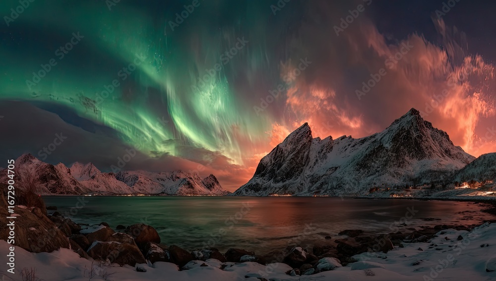 Fototapeta premium Night sky panorama over mountains, sea, and illuminated clouds