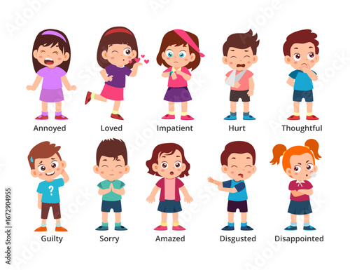 Set of cute little kids emotion activities cartoon characters with little boy and girl annoyed, loved, hurt, thoughtful, guilty, sorry, amazed, disgusted, disappointed. Feeling expression or mood kid.