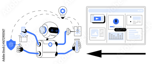 Robot with multiple arms managing analytics, security, research, innovation, and content creation on a digital interface. Ideal for AI, technology, automation, innovation multitasking productivity