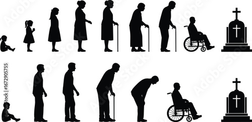 Human life cycle silhouette, childhood to old age, aging process illustration, male and female stages, death concept, vector design