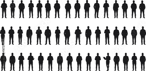Large group of business people silhouettes, diverse professional men and women, standing in rows, teamwork, corporate concept, isolated on white background
