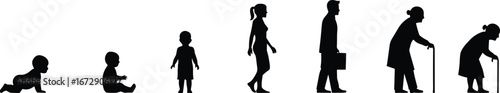 Life stages silhouette, baby crawling, child standing, woman walking, man working, elderly with cane, aging process, human growth evolution