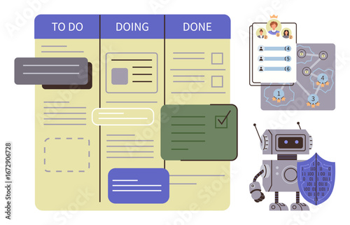 Kanban workflow board with To Do, Doing, Done columns, gamified leaderboard, AI robot with shield. Ideal for project management, teamwork, gamification, security productivity planning simple flat