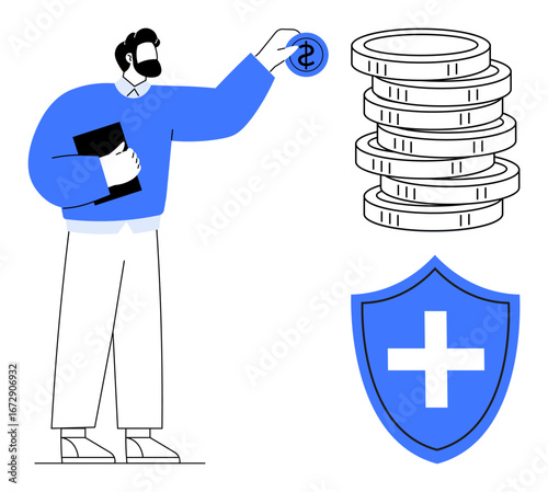 Man holding tablet places coin near a stack of coins, shield with cross symbolizing protection. Ideal for savings, insurance, investment, budgeting, finance, stability wealth. Simple flat metaphor