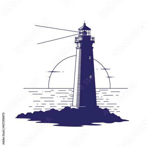 Coastal lighthouse illustration with sea and sunset in a minimalist vector graphic design