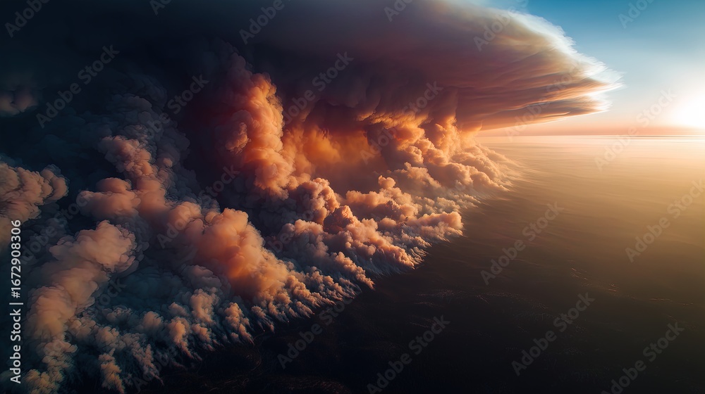 Naklejka premium Majestic cloud formation during sunset with dramatic lighting over vast ocean horizon