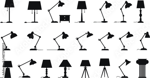 Silhouette collection of lamps, table lamp, desk lamp, floor lamp, modern lighting, vector furniture, home decor, black design