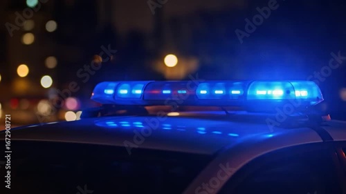 Emergency vehicle lights at night cityscape backdrop for security alert
