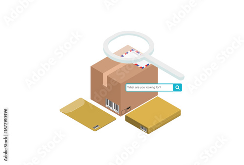 Parcel package order tracking flat 3d isometry isometric business online store shop delivery concept web vector illustration. Big box on magnifier and micro customers. Creative people 